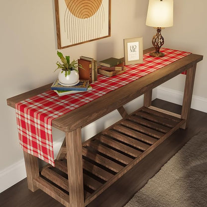 Encasa XO Table Runner, Woven Cotton Dining Runner 13"x72" | Franca Red Checks - Image 3