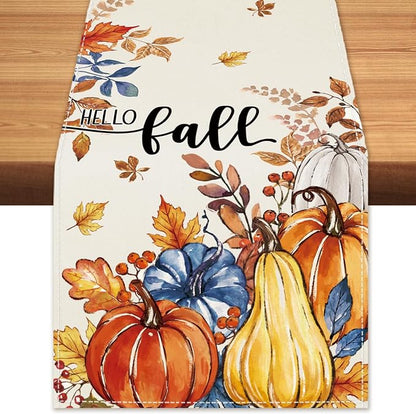 Hello Fall Pumpkin Table Runner Autumn Leaves Harvest Burlap Table Runners by BEAUTYROMANCEFORYOURLIFE