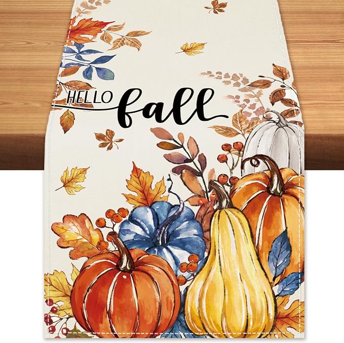 Hello Fall Pumpkin Table Runner Autumn Leaves Harvest Burlap Table Runners by BEAUTYROMANCEFORYOURLIFE
