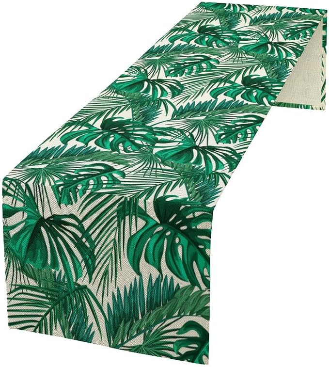 Tropical Leaves Table Runner Jungle Green Plam Tree Leave Retro Boho Hawaii by moderw