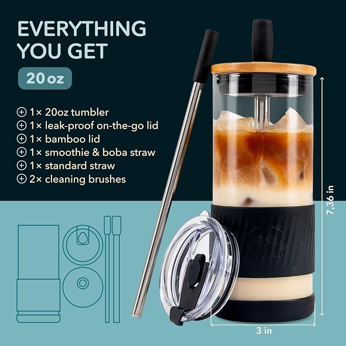 Pandaloo® Glass Cups With Lids and Straws -20 Fl Oz- Perfect Size Iced Coffee - Image 2