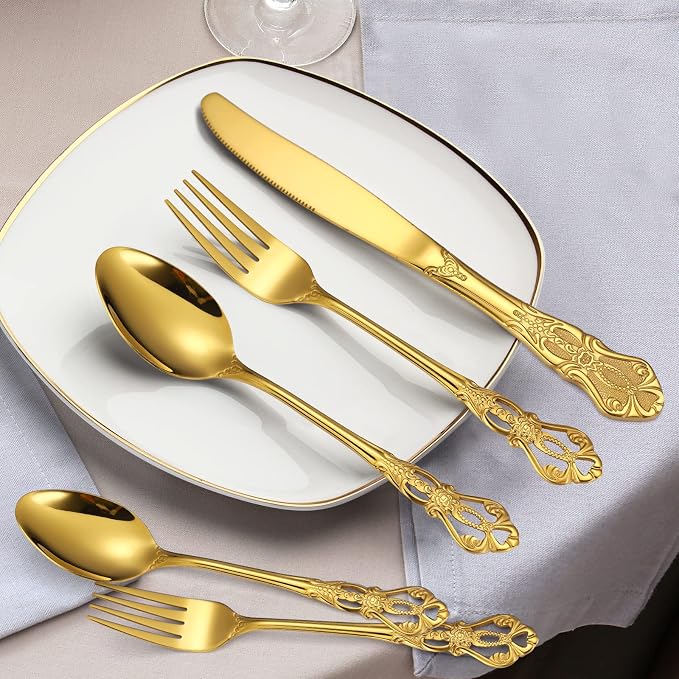 Retro Silverware Gold Set for 4 Stainless Steel Flatware Royal 20 Piece Cutlery - Image 4