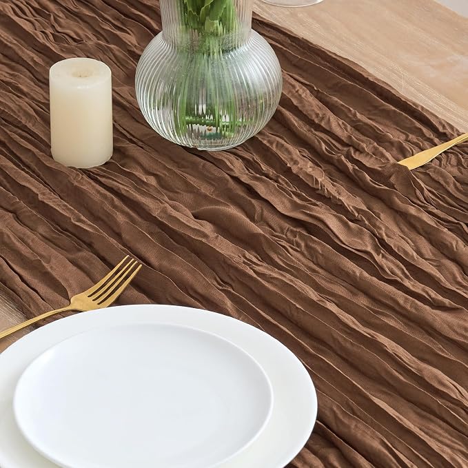 Asee'm 3pcs Brown Coffee Cheesecloth Table Runner 10FT Boho Rustic Fall | Sheer - Image 3