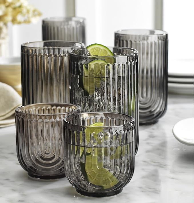 Glaver's 8 Piece Smoke Glassware Set, Art Deco Black Drinking Glasses, Ribbed - Image 4