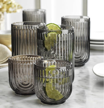Glaver's 8 Piece Smoke Glassware Set, Art Deco Black Drinking Glasses, Ribbed - Image 4