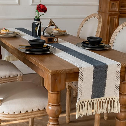 EMMTEEY Boho Table Runner with Tassels 108 Inches Long, Stone Blue | Handmade - Image 3