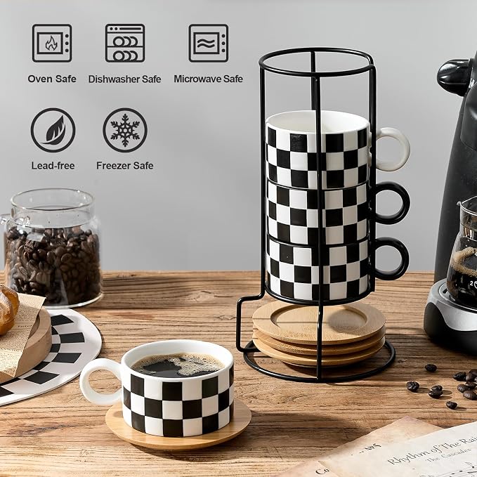LUKA 6 Ounce Ceramic Stackable Black and White Checkered Espresso Cups - Image 4