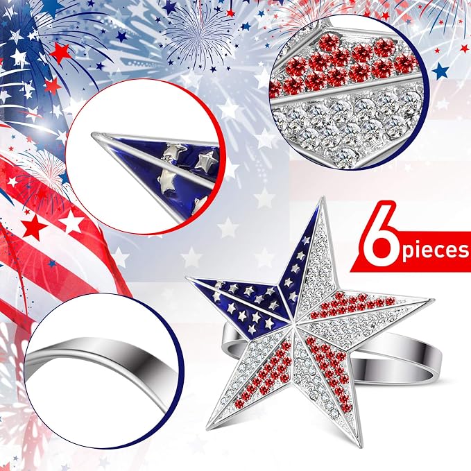 Geiserailie 6 Pieces Patriotic Napkin Rings 4th of July Star Napkin Ring Holder - Image 4