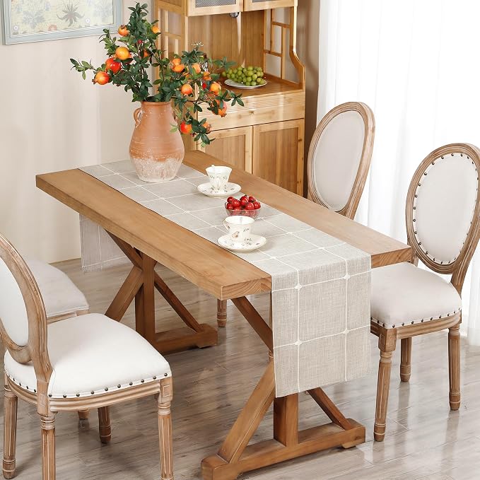 NEWISHER Rustic Embroidered Plaid Cloth Table Runner 48 inches, Farmhouse - Image 2