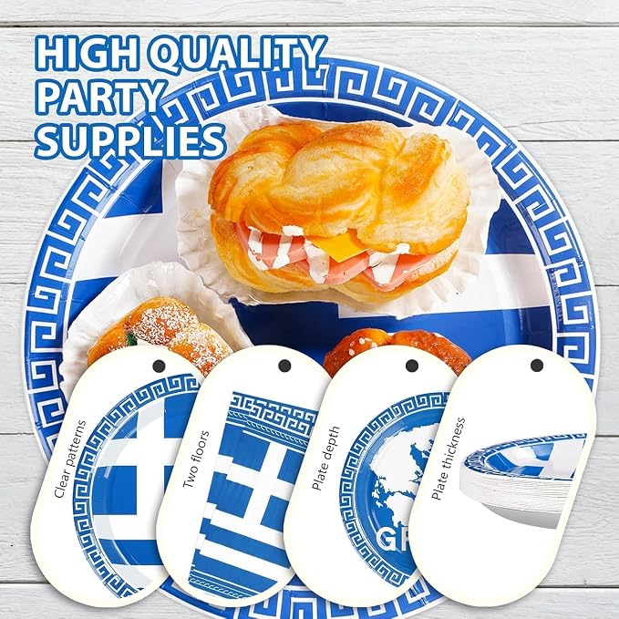 96PCS Greek Flag Birthday Party Supplies Greece Flag Plates，Serves 24 | - Image 5