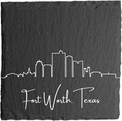 Blue Ridge Mountain Gifts - Fort Worth TX Skyline Coasters, Set of 4 - Fort Worth Texas Souvenir, Slate Coasters with Minimalist Skyline, Housewarming Gift for Friends, Family, & Neighbors