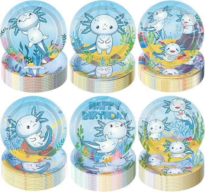 Gerrii 60 Pcs Axolotl Birthday Party Decorations 7 Inch Blue Axolotl Plates by Gerrii