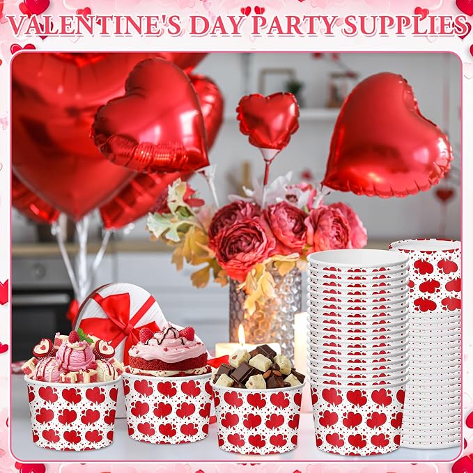 CHENGU 60 Pcs Valentines Snack Cups 9 oz Red Heart Paper Disposable Ice Cream - Image 7