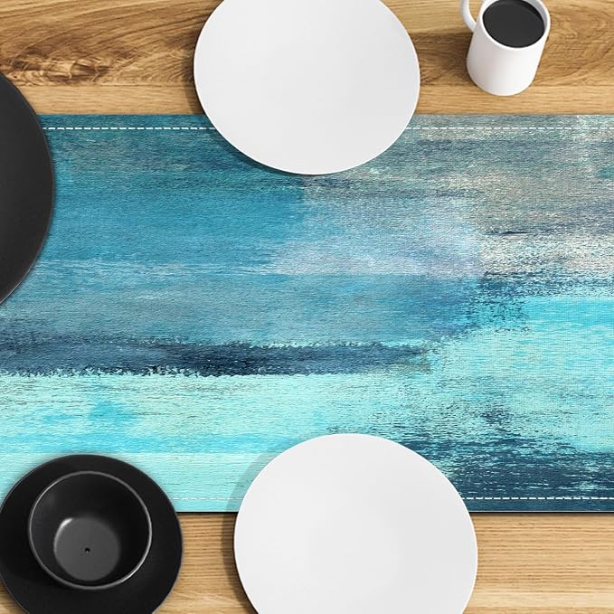 Teal Grey Table Runners Modern Art Farmhouse Linen Turquoise Table Runners - Image 5