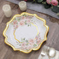 50 Pack 10" White/Gold Floral Print Scallop Rim Dinner Plates, Disposable Round Paper Party Plates 300 GSM for Festive Table Decoration
