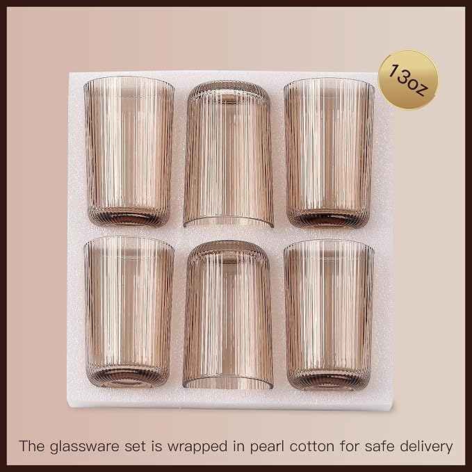 Gray Ribbed Highball Glasses Set of 6, 13.2oz Smokey Gray Colored Glassware - Image 6