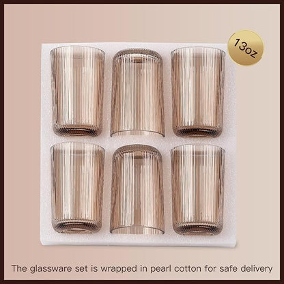 Gray Ribbed Highball Glasses Set of 6, 13.2oz Smokey Gray Colored Glassware - Image 6