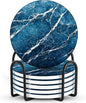Emerson Coasters for Drinks Absorbent – Dining Table Set of 6 with Holder, 100% Ceramic Wooden Tabletop Protection Marble Style - Non-Slip & Cork Bottom - Heavy Duty (Blue Streak)
