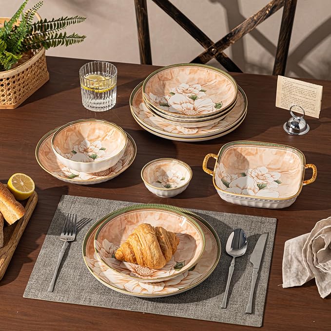 Ceramic Dinnerware Set, Floral Plates and Bowls Sets, Microwave & Dishwasher - Image 6