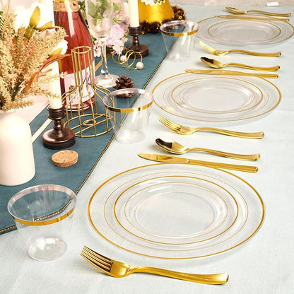 FOCUSLINE 100 Count 10 Inch Clear and Gold Plastic Plates, Disposable Heavy - Image 5