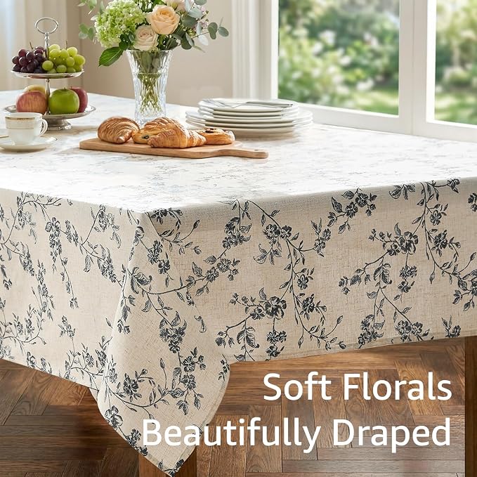 jinchan Black Farmhouse Floral Linen Rectangle Table Cloth 52 x 70 Inch | - Image 6