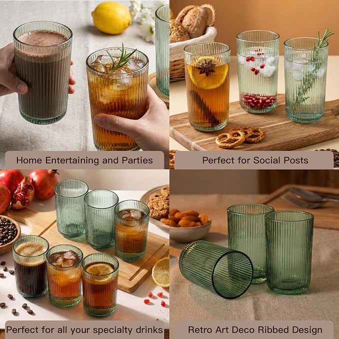 Green Ribbed Highball Glasses Set of 6, 13.2oz Sage Green Colored Glassware - Image 4
