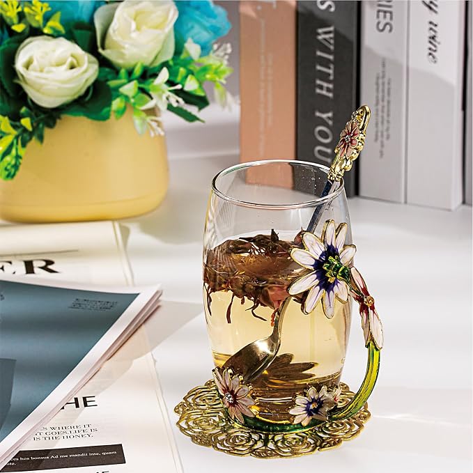 Flower Tea Cup, Daisy Flower Clear Glass Fancy Coffee Mug - Image 7