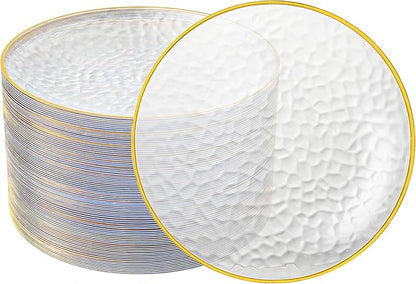 100PCS Clear and Gold Plastic Plates, 7 Inch Disposable Dessert Plates with Gold Rim, Heavy Duty Stone Texture Plastic Plates for Party and Weddings