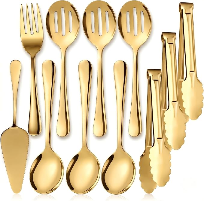 11PCS Stainless Steel Gold Serving Utensils, 8.7''Serving Spoons, 8.7''Slotted by Kzovone
