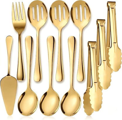 11PCS Stainless Steel Gold Serving Utensils, 8.7''Serving Spoons, 8.7''Slotted by Kzovone