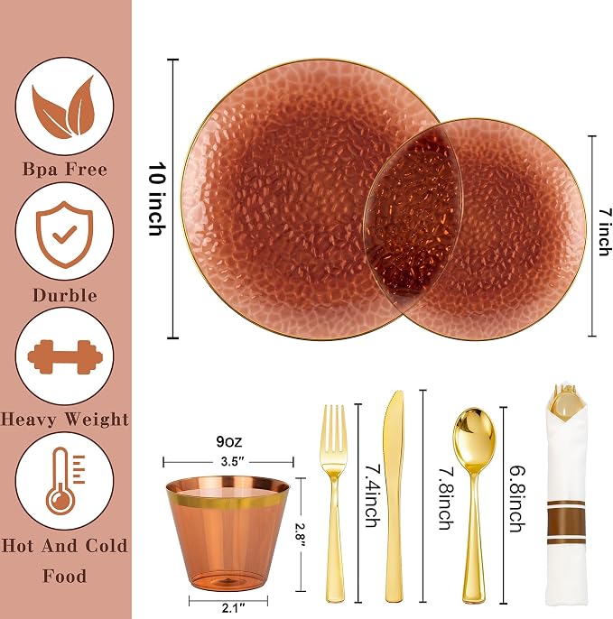 Rubtlamp 700Pcs Amber Gold Plastic Dinnerware Set, Hammered Clear Gold Plates - Image 2