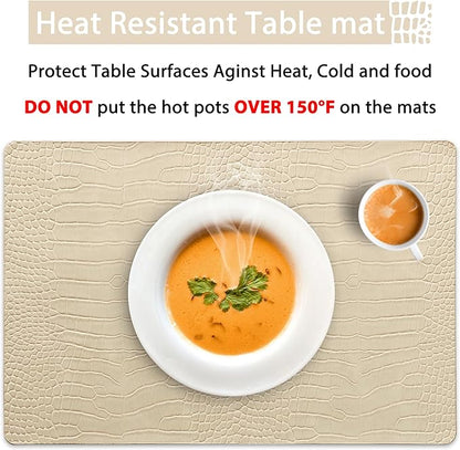Jovono Faux Leather Placemats Set of 4, Waterproof Heat Resistant Dinner Place Mats for Dining Table, Non-Slip Crocodile Embossed, Beige (17.8x11.8 Inch)