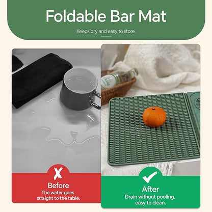 Bar Mat, Bar Accessories, Multifunctional Folding Cocktail Mat with Cutting Board, 18" X 12"(Green) Drying Mats,Bar Mat for Countertops,Bar Decorations for Home, Outdoor Bar Accessories,Travel