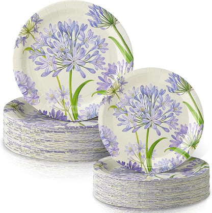48 Pcs Agapanthus Garden Paper Plates Set Include 9" 7" Spring Watercolor Disposable Plates Summer Decorative Dinner Flower Birthday Party Tableware for Baby Shower Party Supplies