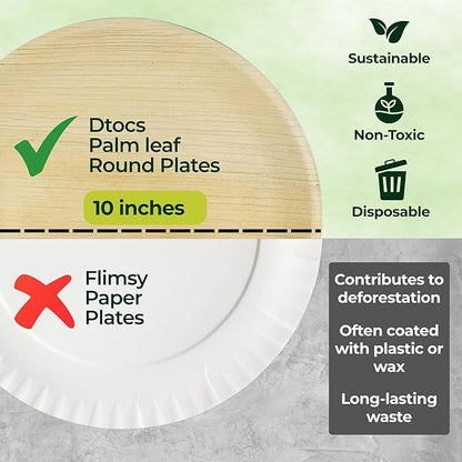 Dtocs Palm Leaf Plates 10 Inch Round (50) | Bamboo Plates Disposable Like Compostable Dinnerware Set for Party, Dinner, Serving Platters, Charcuterie Boards | Alternate to Plastic, Wood, Paper Plate