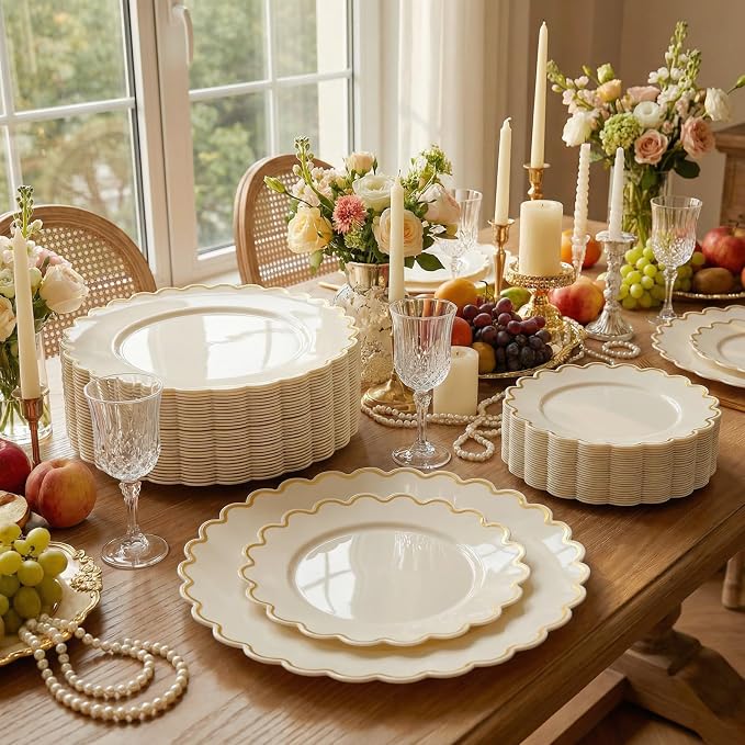 LIYH 100 Pcs Heavy Duty Ivory Gold Plastic Plates - Image 8