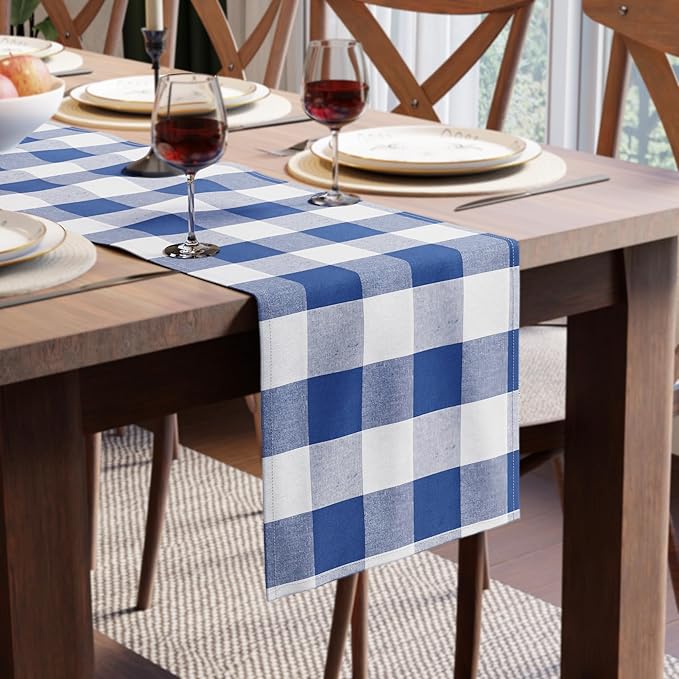 Encasa XO Table Runner, Woven Cotton Dining Runner 13"x118" Buffalo Blue Checks by EncasaXO