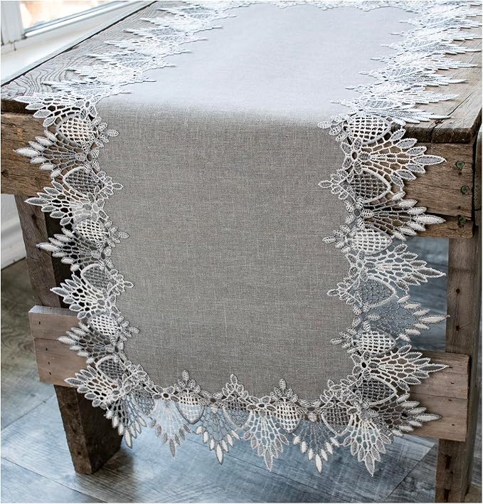 Lace Runner Earth Tone Silver Lace on Silver Fabric Table Runners, Dresser Scarf by LinensArtandThings