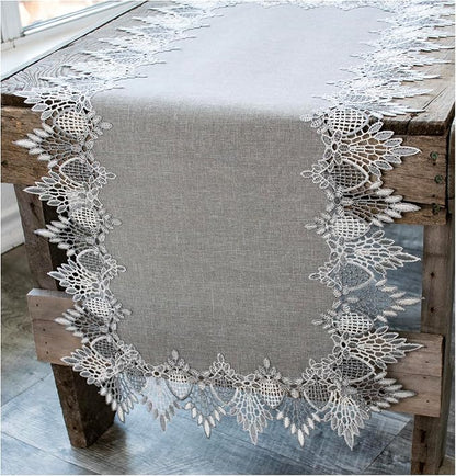 Lace Runner Earth Tone Silver Lace on Silver Fabric Table Runners, Dresser Scarf by LinensArtandThings