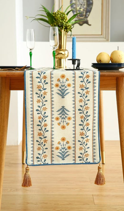 Designer French Linen Extra Long Table Runner, Pale Yellow Floral Pattern - Image 7