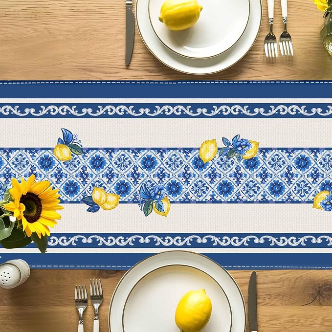 Summer Amalfi Coast Lemon Floral Table Runner Flowers Burlap Table Runners - Image 5