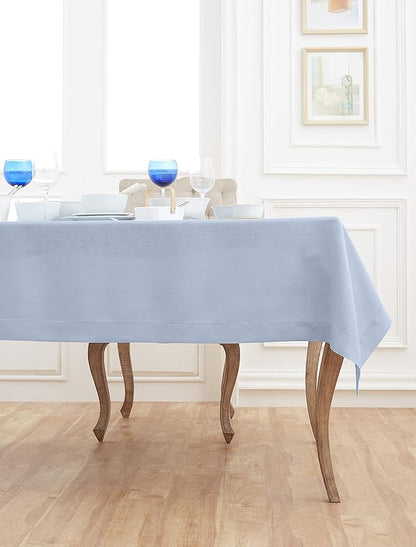 Solino Home Linen Tablecloth for Rectangle Tables 60 x 132 Inch - Classic Hemstitch 100% Pure Linen Sky Blue Table Cloth - Machine Washable Cloth Tablecloth for Spring, Easter