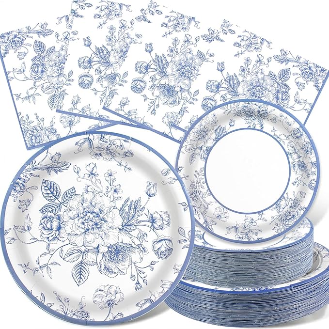 150PCS Blue and White Floral Party Supplies by RVXHUA