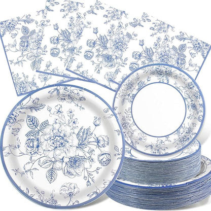 150PCS Blue and White Floral Party Supplies by RVXHUA