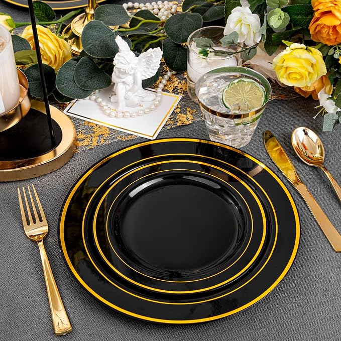 bUCLA 150 Pieces Black and Gold Disposable Dinnerware Set - Image 7