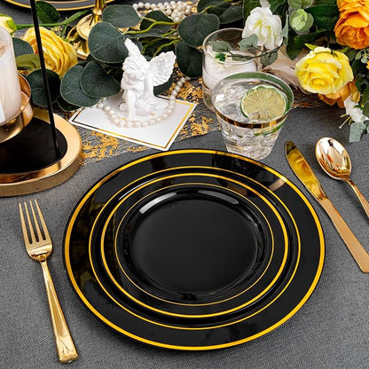 bUCLA 150 Pieces Black and Gold Disposable Dinnerware Set - Image 7