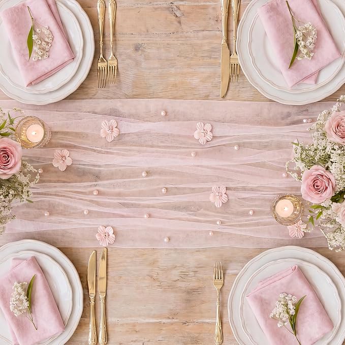 Artoid Mode Pink Flower Pearl Pink Gauze Table Runner 10FT, Seasonal Sheer - Image 4