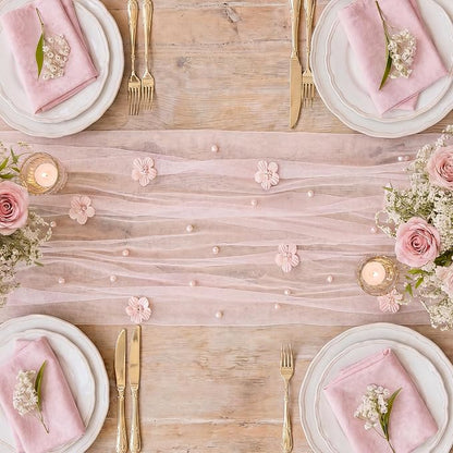 Artoid Mode Pink Flower Pearl Pink Gauze Table Runner 10FT, Seasonal Sheer - Image 4