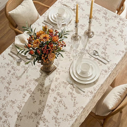jinchan Taupe Farmhouse Floral Linen Rectangle Table Cloth 52 x 70 Inch | - Image 4