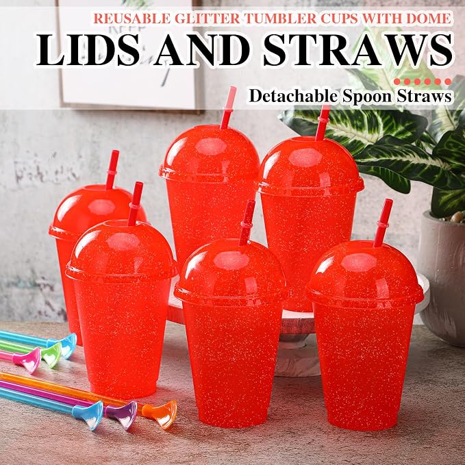 6 Set Slushie Cups with Dome Lids and Straws Detachable Spoon Straws Reusable - Image 4